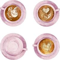 Watercolor set of pink coffee cups with heart sign and latte art top view collection isolated on white background. vector