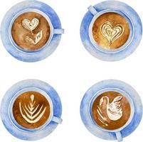 Watercolor set of blue coffee cups with heart sign and latte art top view collection isolated on white background. vector