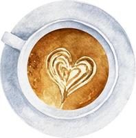 Watercolor cup of coffee with heart pattern in a white cup top view vector