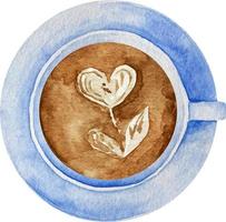 Watercolor cup of coffee with heart pattern in a blue cup top vi vector