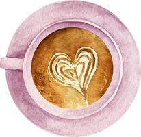 Watercolor cup of coffee with heart pattern in a pink cup top view vector