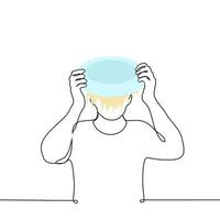 man flipped over a big plate of pasta on his head - one line drawing vector. the concept of going crazy, very tasteless bad food, self-destructiveness, shame or cringe vector