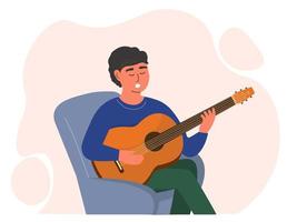 The guy holds a guitar, plays and sings a song. The musician performs a melody. Vector graphics.