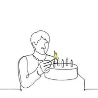 hombre Encendiendo velas en un pastel - uno línea dibujo vector. el concepto de preparando un pastel para el día festivo, celebrando un cumpleaños solo sin amigos vector