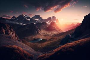 escénico amanecer en el alto montañas de el alpes generativo ai foto