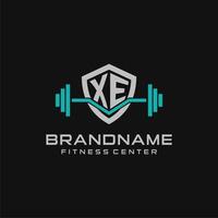Creative letter XE logo design for gym or fitness with simple shield and barbell design style vector