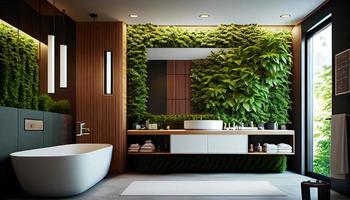 Modern bathroom with a wooden accent wall. photo