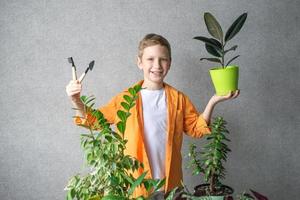 A cute happy agronomist boy in a shirt stands with indoor plants and a tool for soil care photo