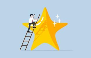 Improving performance to excellence, effort to become more professional at work, career development concept, Businessman climbing ladder leaning against big star. vector