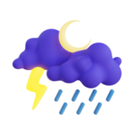 Stormy night 3d icon .blue and purple cloud with a lightning bolt. Weather icon png