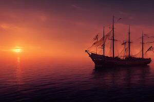 ilustración de un antiguo Embarcacion a puesta de sol a mar foto