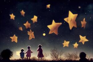 ilustración de pequeño linda niños coleccionar estrellas desde noche cielo foto