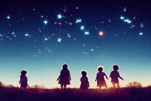 ilustración de pequeño linda niños coleccionar estrellas desde noche cielo foto
