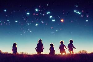 illustration of small cute kids collecting stars from night sky photo