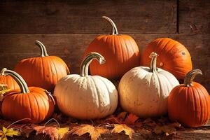 illustration of pumpkins in front of a wooden wall at thanksgiving photo