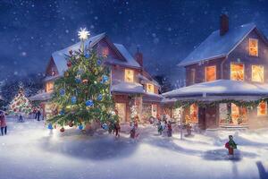 illustration winter atmosphere on christmas eve in a village with a fir tree photo