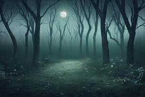 ilustración de un Siniestro bosque con lleno Luna foto