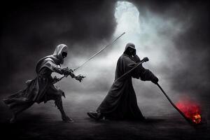 illustration of grim reaper fights against a warrior photo