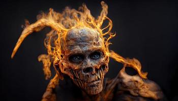 illustration of burning horror skeleton in the dark photo