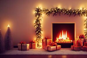 illustration fireplace with fairy lights and gifts for christmas photo