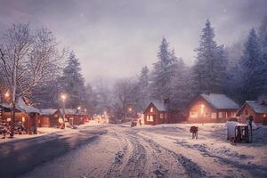 ilustración Navidad atmósfera en un pueblo en invierno foto