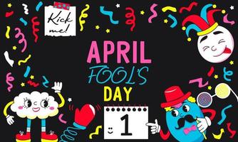 April fools day. Retro cartoon. Border with funny figures,  confetti and calendar 1 April. Ideal for card, banner, poster, social media, postcard, web. Vector