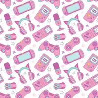Gamer girl set of kawaii style elements. Vector seamless pattern. Vintage pink 90s Games