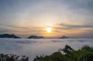 Beautiful sunrise with sea of fog in the early moring at phu thok chiang khan district leoi city thailand.Chiang Khan is an old town and a very popular destination for Thai tourists photo