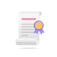 3d vector rolled paper bill paper or license certificate document symbol with purple medal stamp icon design