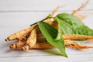 raíces de ginseng y hoja verde, comida saludable. foto