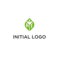 PT monogram with leaf logo design ideas, creative initial letter logo with natural green leaves vector