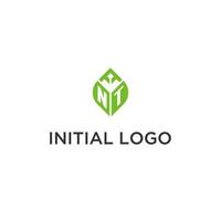 NT monogram with leaf logo design ideas, creative initial letter logo with natural green leaves vector