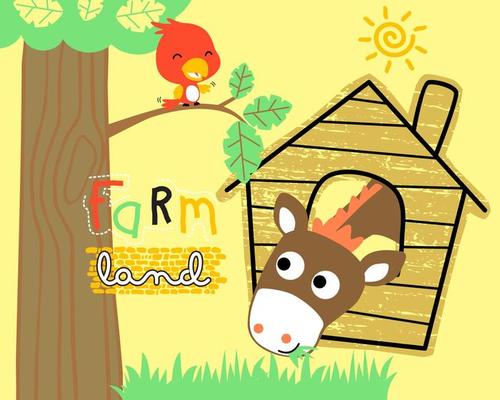 Vector illustration of horse cartoon in stable, cute bird on tree
