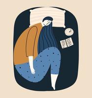 Concept of insomnia, anxiety disorder. The woman cannot sleep at night. Vector illustration in flat style