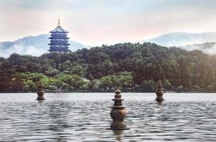 Three Pools Mirroring the Moon, shown on the 1 RMB note, is located in the south central portion of Hangzhou's West Lake. photo