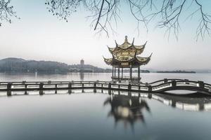 beautiful hangzhou in sunset and ancient pavilion photo