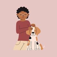 The boy strokes the head of his pet. Dog and child. The concept of emotional support  animal. Vector illustration in flat style