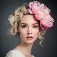 hermosa mujer con peonía flores en su pelo foto