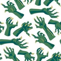 A pattern of dead man's hands, zombie hands trying to grab each other. Attacking green hands. It is well suited for Halloween-style decoration of paper and textile products. Drawn hands on a white vector