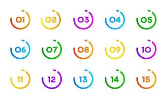 Number bullet point icons 1 to 15, circle buttons vector