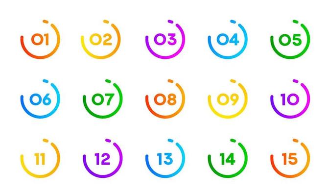 Number bullet point icons 1 to 15, circle buttons