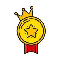 Gold medal with rank star, ribbon and crown icon vector