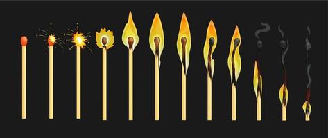 Burning match animation, stages of matchstick vector