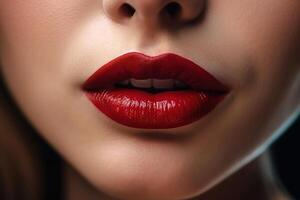 hermosa mujer labios con rojo lápiz labial foto