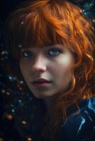 Portrait of red haired girl with blue eyes photo