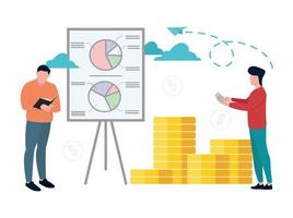 Econometrics. A man stands next to a tripod. Diagrams on the poster. The man is counting on a calculator. Vector illustration.