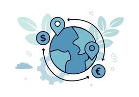 Finance. Vector illustration of money transfers. On the planet there are location icons, near them are dollar and euro coins, around the planet there are arrows in two directions to the coins