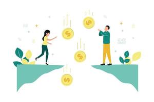 Finance. Vector illustration of devaluation. On the edge of the abyss there are people who catch dollar coins falling into the abyss, against the background of leaves