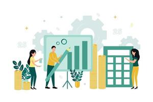 Finance. Vector illustration of econometrics. A man with a pencil near a blackboard with a graph, next to a woman with a document, a girl counts on a calculator, stacks of coins