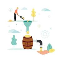 Finance. Vector illustration of financial intermediaries. A man puts coins with a shovel into a funnel, from which they go into a barrel, in which a tap, through which money pours into his palm